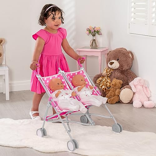 Dolly Tots Zwillings-Puppenwagen Pink | Doppelbuggy für Kinder ab 3 Jahren | Klappbarer Spielzeug-Kinderwagen für Zwei Puppen bis 45 cm | Rollenspiel-Puppenbuggy mit Stauraum – Bild 4