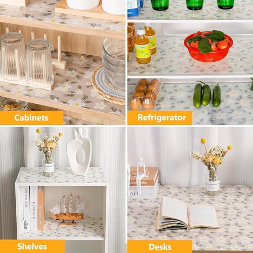 Image of EVA Fridge Shelf Liner Roll, Washable Drawer Mat Sheet, Cut-to-Size Cabinet & Refrigerator Shelf Protector, Food Contact Suitable Multipurpose Kitchen Table Liner Roll, 3 Meter (White Flower)
