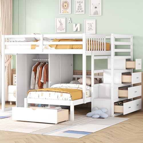 Ball & Cast Full Over Twin Bunk Bed with Safty Guardrail & Storage Stair,Wood Loft Bedframe...