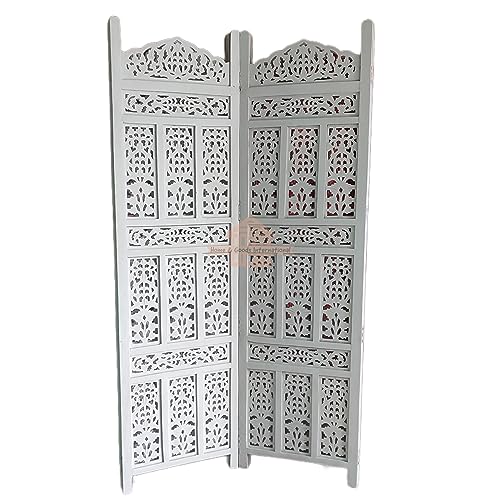 Image of Home & Goods International Wooden Room Divider Partition - Foldable Wood Screen Separator for Living Room, Bedroom, Office, Restaurant || Kangra Badrun Design, White (2 Panel)