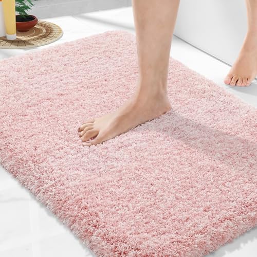 Yimobra Light Pink and White Bathroom Rugs Non Slip Washable Ultra Soft and Water Absorbent Bath Mats Plush Fluffy Shower Mat Outside Microfiber Thick Matts for Bathroom Floor/Sink 24x17