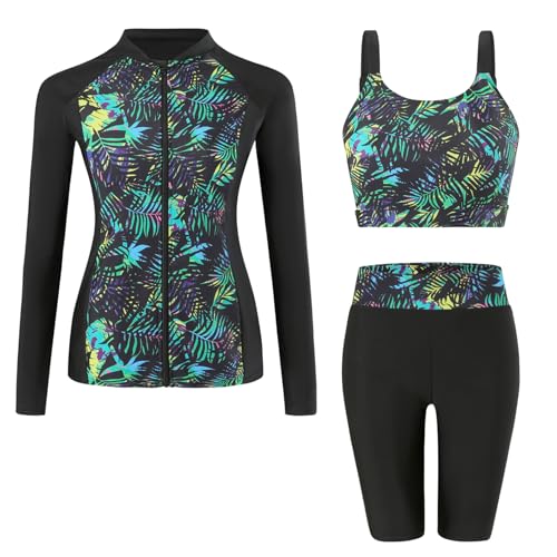 FEOYA Women’s 3 Piece Rash Guard Set Long Sleeve Zip Up Swim Shirt Padded Bikini Top High Waisted Swim Shorts