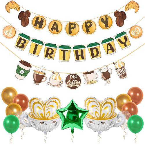 Pirese Coffee Birthday Decorations Themed Happy Birthday Banner with Balloons Cafe Party Decor for Espresso Lovers Foil Balloon Colorful Balloons Pre-Strung Cute Barista Style Decor