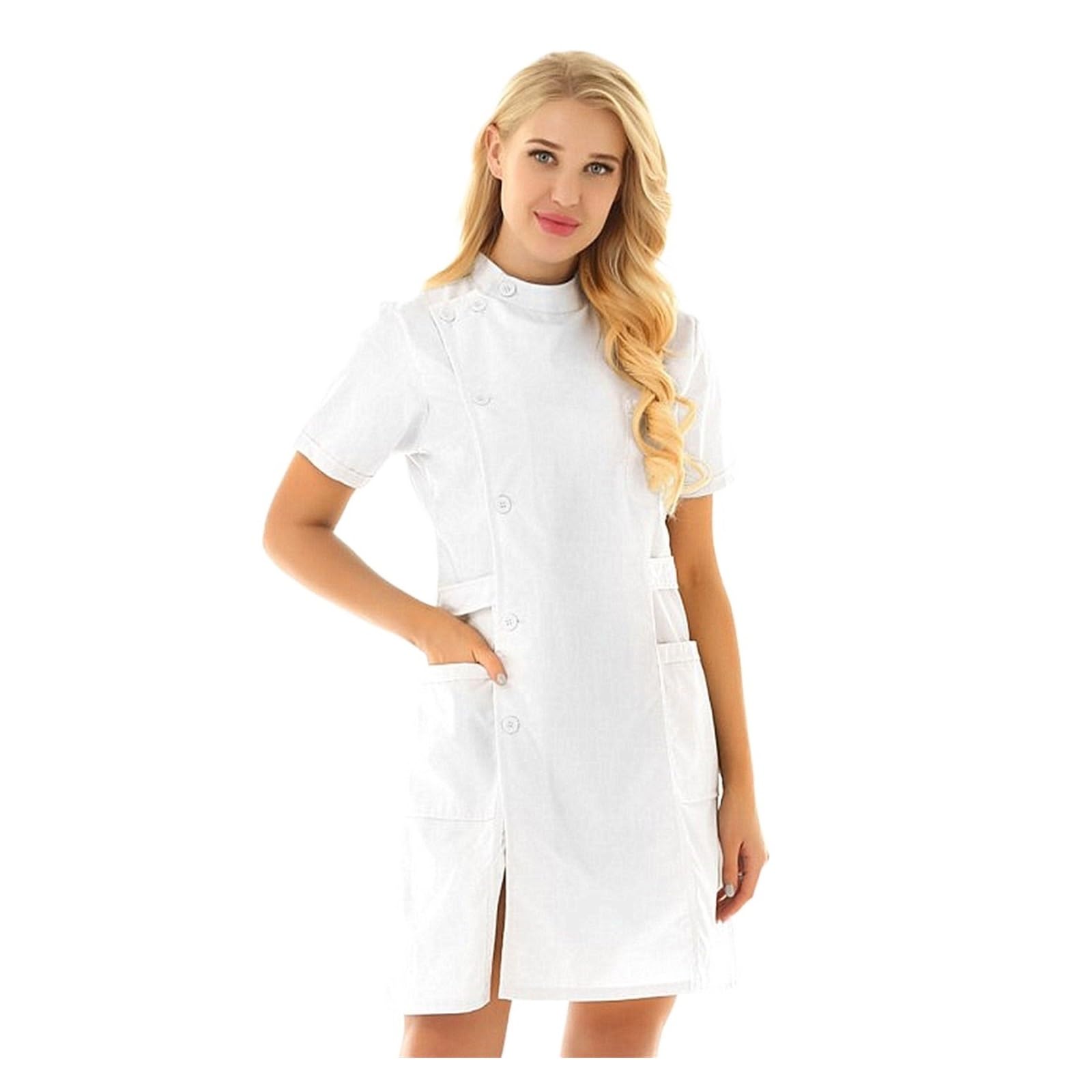 Uniforme Sanitario Bata de Laboratorio for Enfermera de Hospital, Uniforme de Enfermera for Mujer, Cuello mandarín, Manga Corta, Botones oblicuos en la Parte Delantera