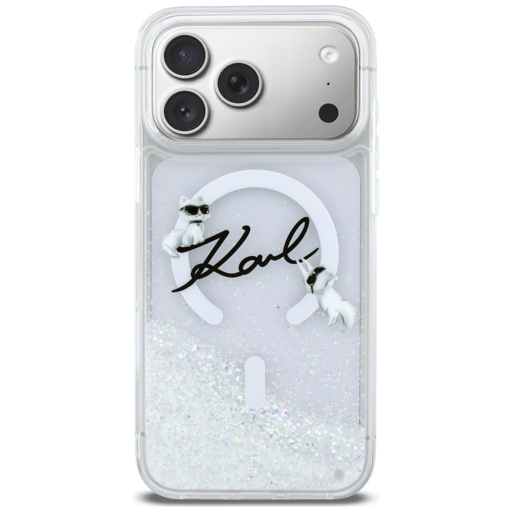CG MOBILE Karl Lagerfeld - Custodia per iPhone 17 Pro Max con brillantini liquidi Karl Script Log compatibile con MagSafe (trasparente)