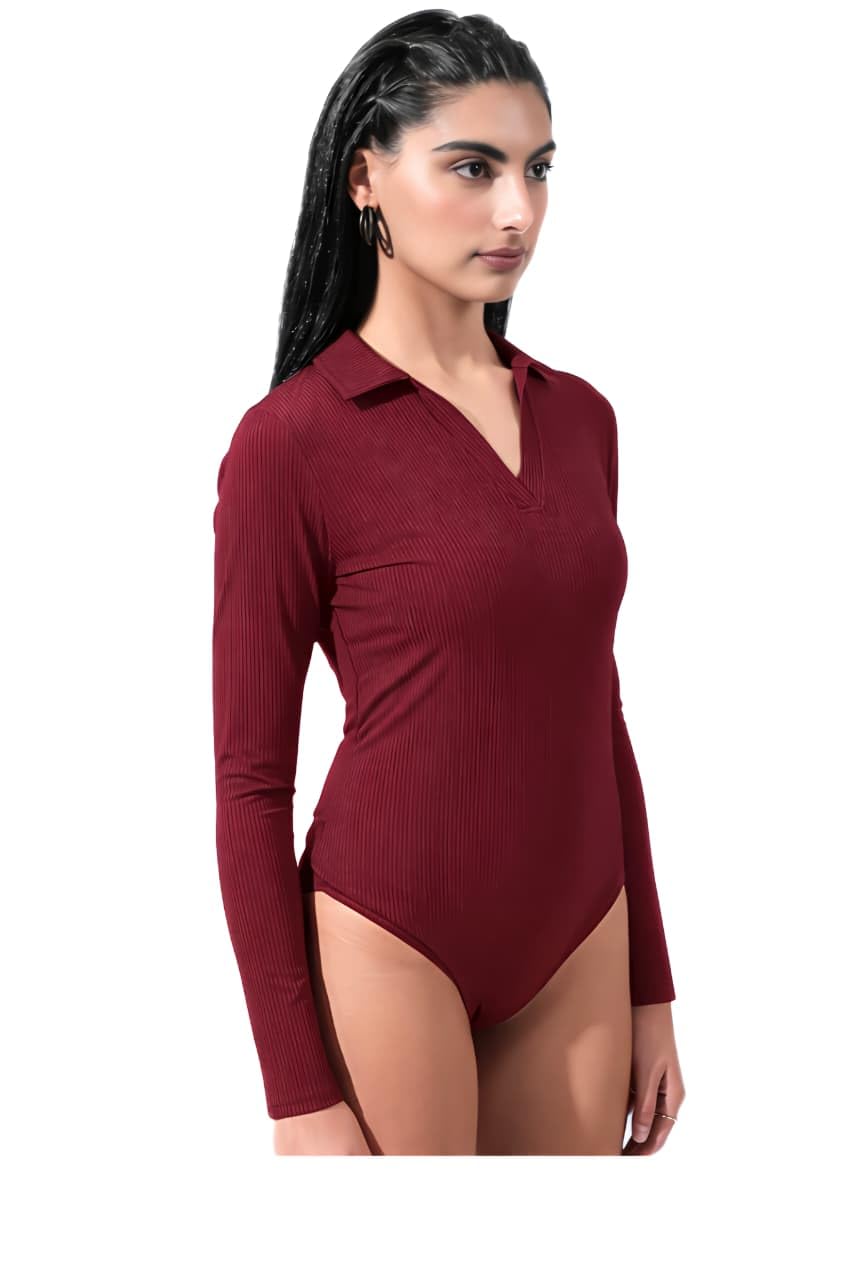 Women’s Ribbed Bodysuit Long Sleeve Collared Polo Neck | Stretchable Slim Fit One Piece Top for Wear, Office, Party & Layering | Soft Fashion Bodysuit for Women-image-33