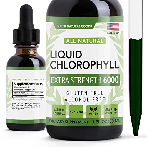 All Natural Liquid Chlorophyll Drops for Water - Premium Chlorophyll Liquid Drops for Water Used As Internal Deodorant, Natural Energy Booster & Immune Support Supplement 1oz by Super Natural Goods