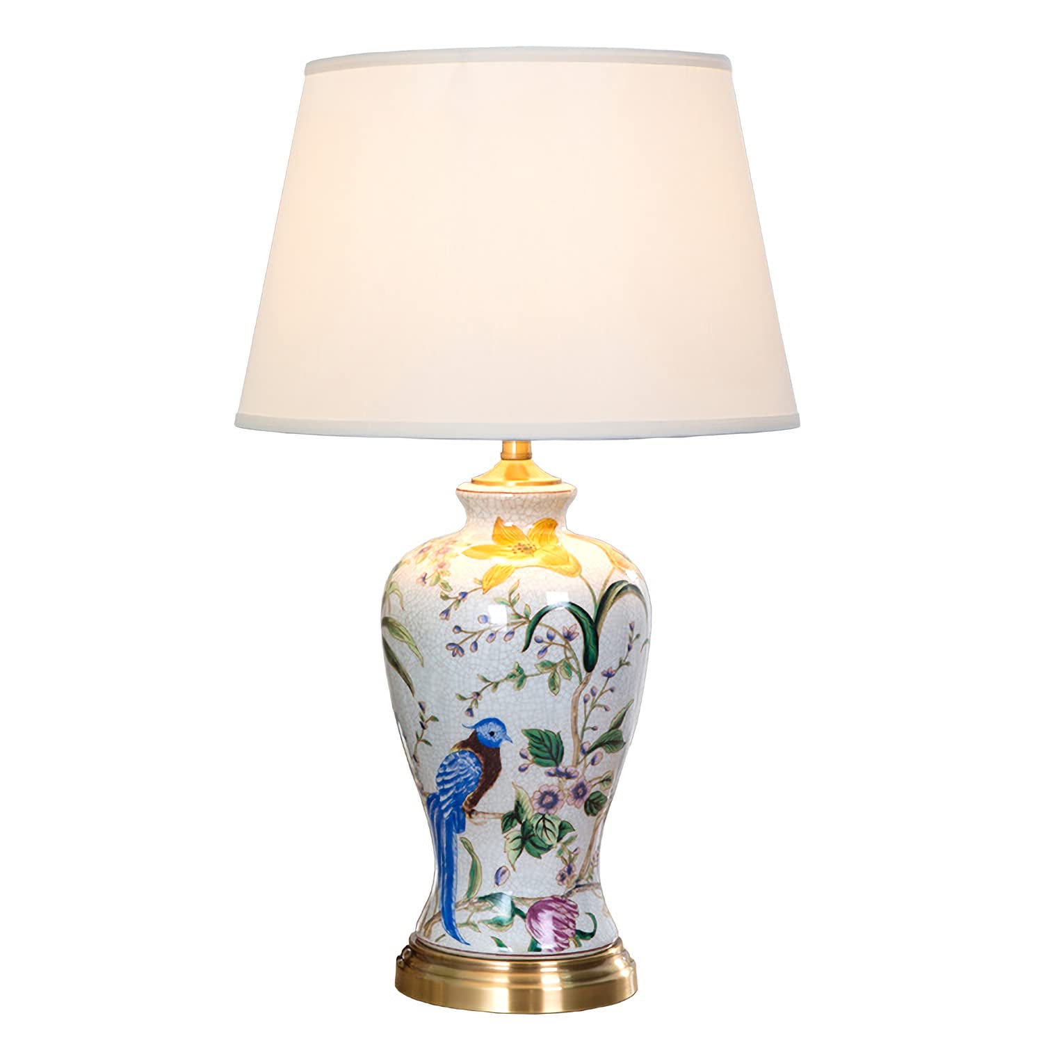 Photo 1 of PSXPSXO White Flower & Bird Ceramic Table Lamp,Hand-Painted Chinoiserie Lamp, Fabric Lampshade Nightstand Lamp for Bedroom Living Room Office College Bookcase