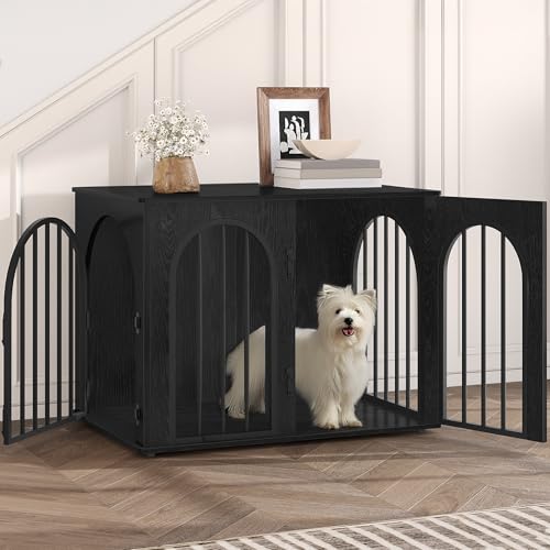 Hzuaneri 80 cm Gabbia per Cani, Tavolo Supplemento, Cuccia Moderna per Cani Interno, Gabbia per Cuccioli, Casetta per Animali, 3 porte, Porta ad arco, 56 x 80 x 61 cm, Nero DFC85104B