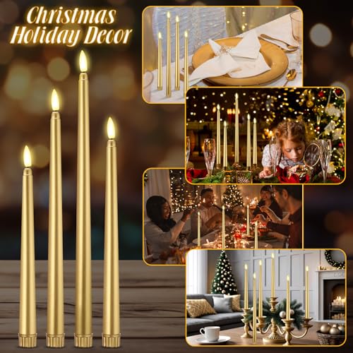 Image of Rossesay 24 Pcs Flameless LED Taper Candles Battery Operated Candle 8.5 inch, 9.65 inch, 10.8 inch, 12.8 inch Flameless Candlesticks Flickering for Christmas Church Wedding Indoor Decoration(Classic, Golden)