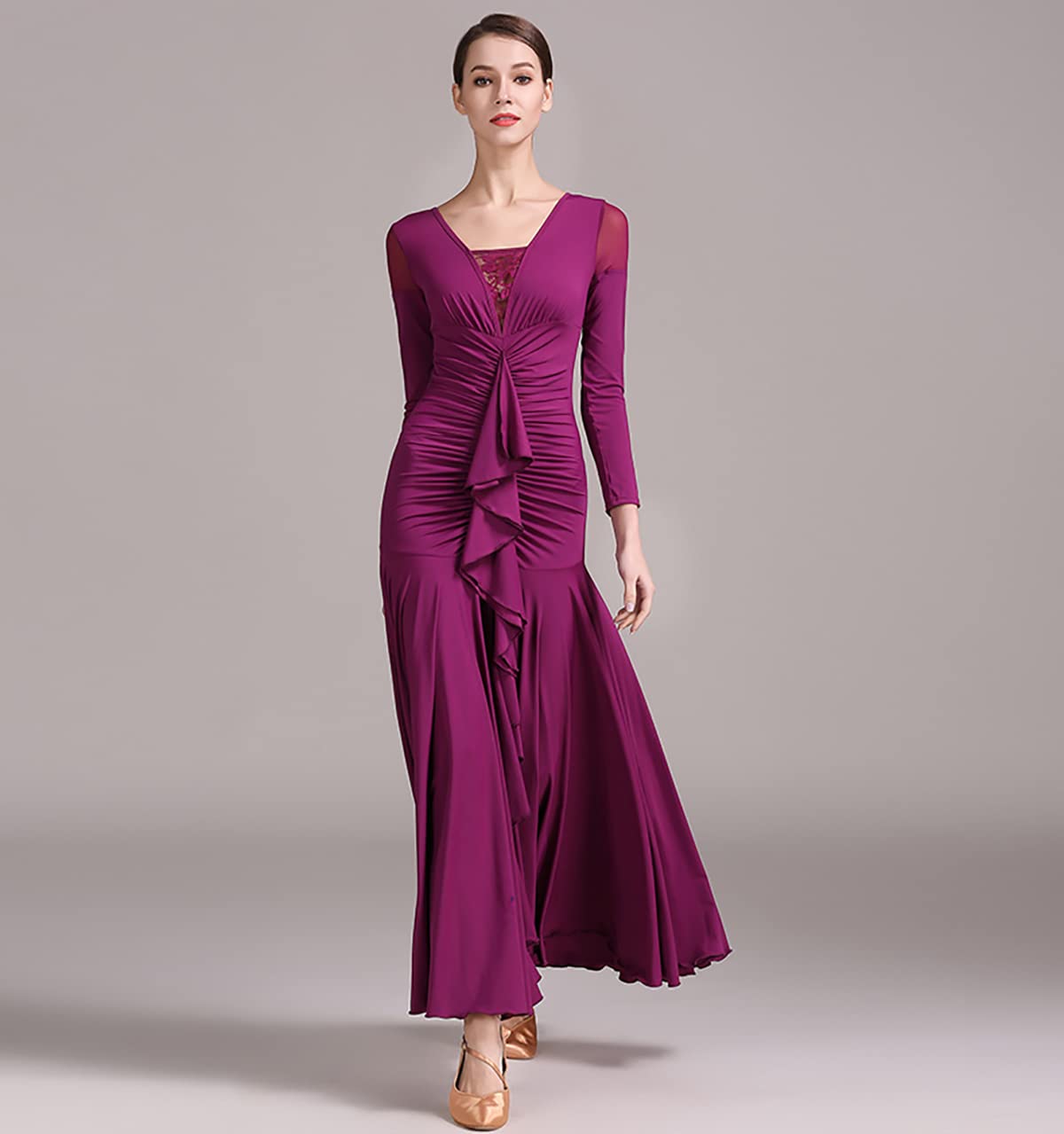 Nowoczesne kostiumy na konkursy tańca moda damska seksowna sukienka koronkowe szwy dekolt w serek bez pleców jednolity trykot długa sukienka na imprezę elegancka sukienka duża spódnica swing