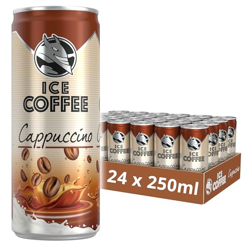 HELL Ice Coffee Cappuccino | 24 x 250 ml Dosen Multipack | 40 mg/100 ml Koffein | enthält echte Arabica & Robusta Kaffeebohnenextrakte | 75% UHT-Milch | Konservierungsstofffrei | Eiskaffee |