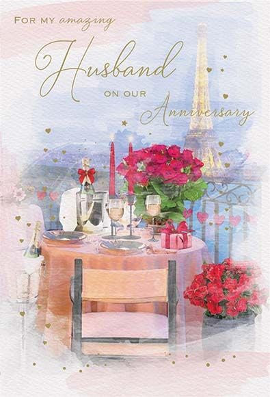 ICGAmazing Husband Anniversary Card - Romantic Parisian Dinner Embossed with Foil Details