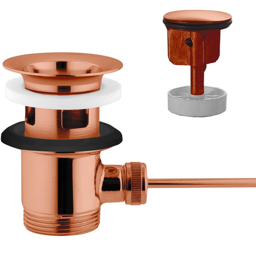 Schläfer 40510310 | Desagüe universal de 1 1/4 pulgadas con rebosadero color cobre – Válvula desplegable para lavabo y lavabo, completo rebosadero con tapón de latón