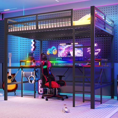 Cama alta con escritorio e iluminación LED integrada estructura de hierro de 140x200 6