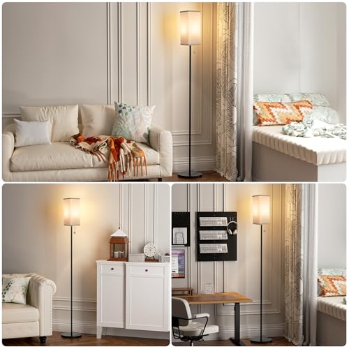 Image of Ambimall Floor Lamp with 3 Color Temperatures Bulb & Pull Chain Switch, 64 inch Standing lamp, Beige Square Shade & Black Pole