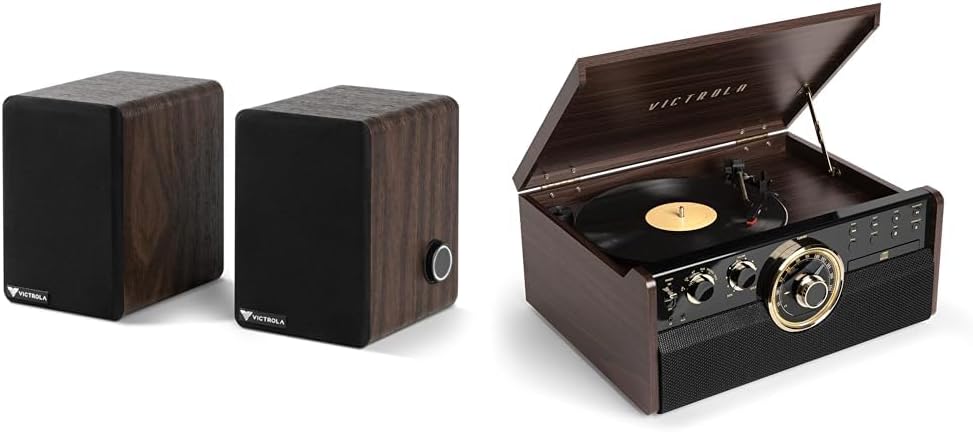 Victrola Premiere M1 Powered Bookshelf Monitor Speakers (Pair) - 4" Woofer, 2" & Empire Mid-Century 6-in-1 Turntable with 3 Speed Record Player, Bluetooth Connectivity, Radio, Casset