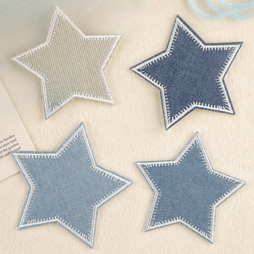 LARENNT 4 Pcs Star Iron on Patches - Blue Star Patches Iron on Denim Patches for Jeans - Fabric Patches Appliques for Clothes Jackets Hats Backpacks Jeans Decorations