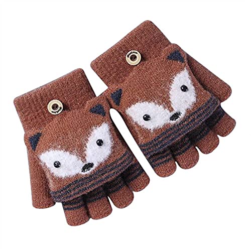 Kids Winter Knitted Convertible Fingerless Gloves Cute Warm Flip Top Mittens with Mitten Cover for 5-12 Ages Boys Girls