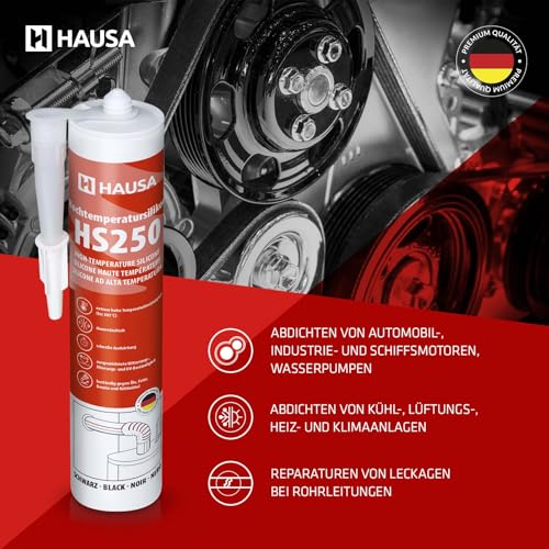 HAUSA Hochtemperatursilikon HS250 schwarz 1 x 300ml dauerelastische hitzebeständige Dichtmasse +305°C Dichtstoff zum Kleben Abdichten von Öfen Kochfeldern Motoren schnellhärtend ölbeständig