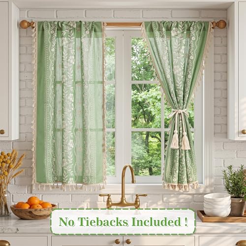 Image of MYSKY HOME Sage Green Boho Floral Tiers Curtains 24 Inch Long 2 Panels