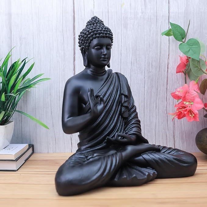 Image of Beautiful Sitting Buddha Idol Statue for Home & Garden Living Room | Healing Spirit Blessing Buddha Statue - 15 Inch Size (Dark Black)