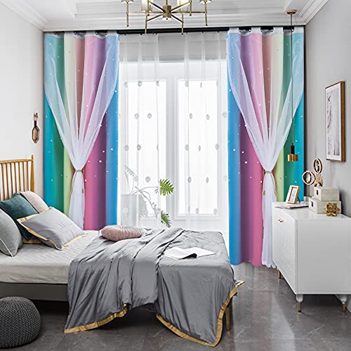 Lofus Star Curtains for Girls Bedroom Kids Room Decor Light Blocking Voile Overlay Princess Star Hollowed Grommet Top 2 in 1 Double Layer Drapes 2 Panels, W52 X L63 Rainbow (Blue-Pink-Yellow)