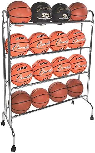 Champion Sports Four Tier Basketball Storage Cart Rack, 16 Ball Capacity (Silver)