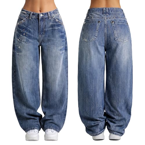 Image of EMMIOL Women Hip Hop 90s Vintage Baggy Jeans Denim Pants Mid Waist Jeans