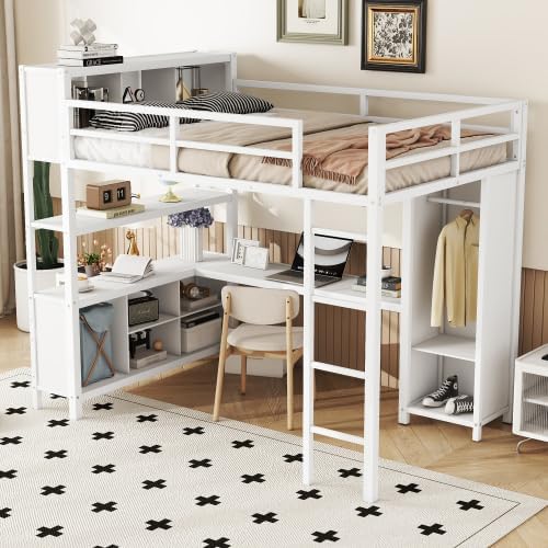 Bellemave Full Size Metal Loft Bed with Wardrobe and L-Shaped Desk, Heavy Duty Metal Loft Bed with Storage Cubes and Shelves for Kids Teens, White