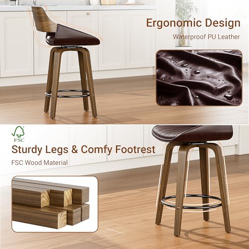 Image of YaFiti Bar Stools Set of 4, 26 inch Swivel Counter Height Barstools with Bentwood Back and Legs, Mid Century Modern Upholstered Faux Leather Counter Stools for Kitchen Island, Bar, Dining Room, Brown