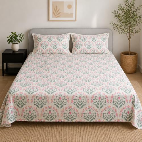 Image of Linen Home Cotton Percale Flat Bedsheet Set King Size Sequence Pink