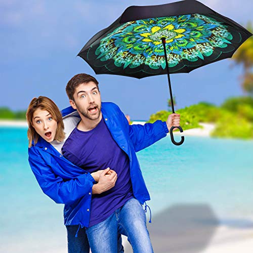 Image of MRTLLOA Inverted Umbrella, Umbrella Windproof, Reverse Umbrella, Umbrellas for Women with UV Protection, Upside Down Umbrella with C-Shaped Handle for Mothers Day Gifts(Peacock)