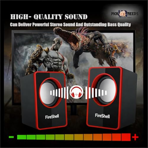 Image of Fireshell USB Powered Computer Speakers 6W Stereo Sound with Multicolor LED Lights, AUX Input & Volume Control Pod for PC, Laptop & Desktop (Red)