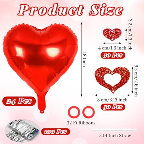 Image of 24 Pcs Red Heart Balloons, 100 Pcs Heart Hanging Streamers, 18 Inch Heart Foil Balloons Valentine's Day Balloon Love Balloon for Valentines Day Proposal Wedding Party Decorations