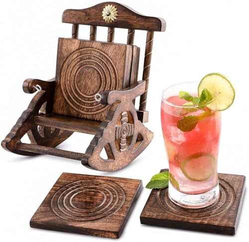 Image of Kundi Wooden Antique Miniature Chair Shape Coaster Set | 6 Drink Coasters for Tea, Coffee, Hot & Cold Beverages | Tabletop Decor for Kitchen, Dining, Office & Restaurant