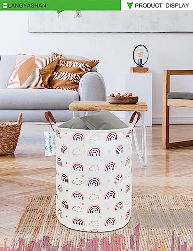 Image of Round Laundry Basket Collapsible Storage Hamper Cloud Rainbow | Waterproof Canvas Foldable Baskets with sturdy Handles Multi-scene Organizer for Home Play Bedroom Gift Bin