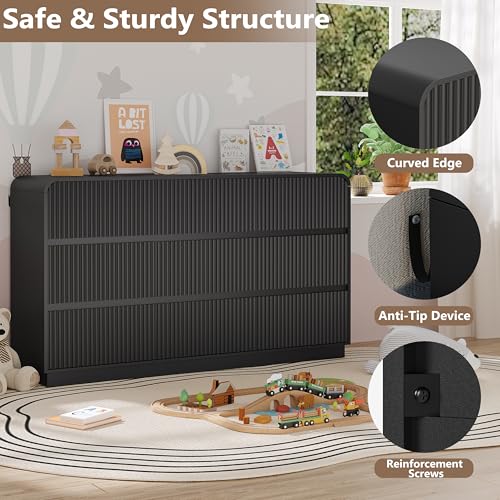 Image of BORNOON Dresser for Bedroom with 9 Drawers, Fluted Chest of Drawers with Round Curved Corner, Hidden Handles, Modern Wood Storage Organizer for Bedroom, Nursery, Living Room