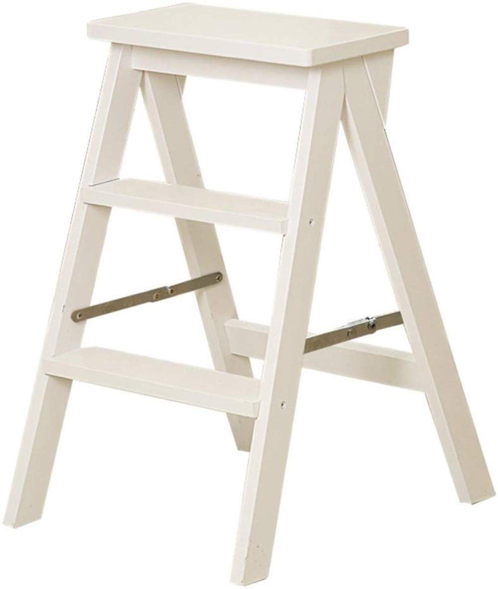 Taburete escalera plegable de madera maciza para hogar en color blanco