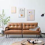 Vonanda Faux Leather 3 Seater Sofa, Mid-Century 73'' Couch with Rivet on Armrests and 2 Cylindrical Pillows, Upholstered Lounge Settee for Living Room Apartment Dorm Office, Caramel