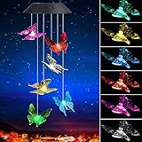 SUNJOYCO Butterfly Solar Wind Chimes Outdoor, Color Changing LED Lighted Wind Chime, Waterproof Memorial Gift Mobile Windchime, Solar Powered Colorful Hanging Light for Home Party Yard Garden (Clear)