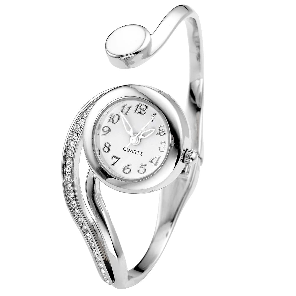 Top Plaza Women Casual Elegant Silver Tone Small Dial Bangle Cuff Bracelet Dress Analog Quartz Watch 6 Inches