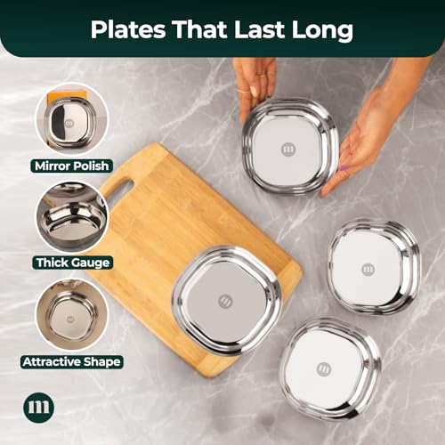 Image of MARU Steel Small Square Snacks /Serving Plates Set of 4 (16 cm Each), Multi-Utility Quarter /Diet Plates for Small Meals with Mirror Finish Design, Perfect for Breakfast, Nashta, Dessert & Daily Use