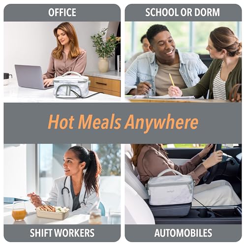 Bentgo Heat - Electric Lunch Bag & Food Warmer for Reheating Meals in Car, at Work & More - Heated Lunch Box Warmer for Adults, Students & Shift Workers, 12V/24V Auto & 120V Wall Cords (White Marble)
