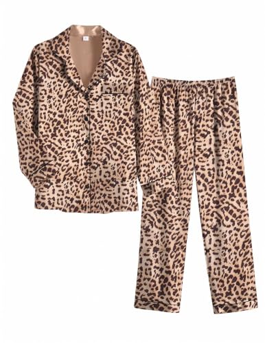 Image of Ekouaer Women Satin Pajamas Set Classic Button Down Long Pjs Set
