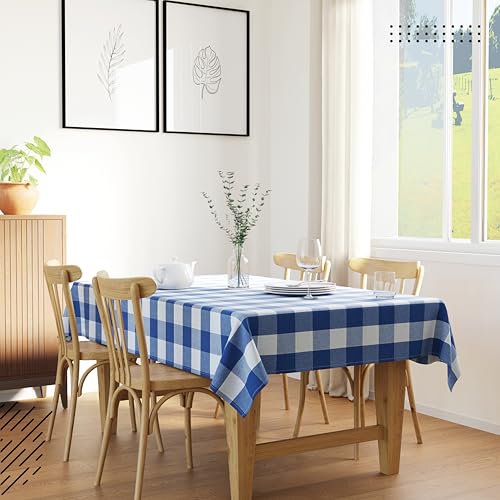 Image of Encasa XO Cotton Rectangular Table Cloth for 4 to 6 Seater | (140x180 cm) | Buffalo Blue Checks | Dining Tablecloth for Decoration
