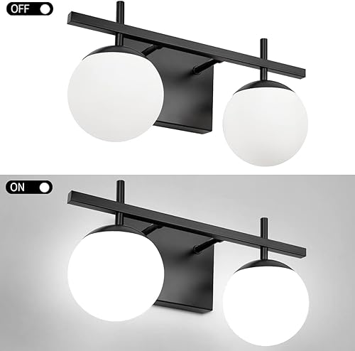 Miniatura 2 de Lámparas de baño sobre espejo, luces negras de tocador para baño con vidrio esmerilado blanco, 2 lámparas de iluminación modernas de tocador,