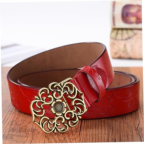 Didiseaon Vintage Wide Debossed Leather Waist Belt with Flower Shape Buckle for Women Red Stylish Chic Accessory for Jeans Casual and Business Pants3