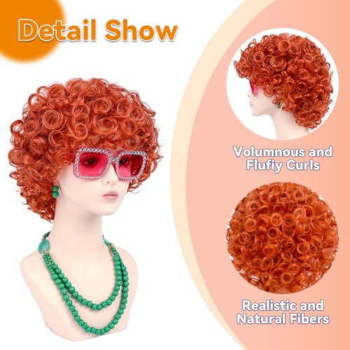 Image of Women Roper Curly Orange Red Cosplay Wig with Necklace Earrings and Sunglasses for Women Hallween Costume Wig
