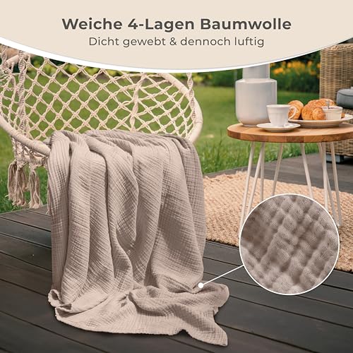 LAYNENBURG Premium Musselin Tagesdecke 180x220 cm - 100% Baumwolle - extraweiche Baumwolldecke als Kuscheldecke, Bett-Überwurf, Sofa-Überwurf, Couch-Überwurf - warme Sofa-Decke (Taupe)